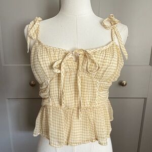 American Eagle Yellow Gingham Tie Strap Peplum Top | XS